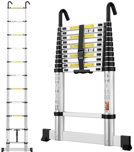 SIMPDIY Telescopic Ladder, 3.19 m Aluminium Loft Ladder, Ladders Extendable | Portable Folding Ladders with Stabilizer Bar, Detachable Hooks and Non-Slip Feet for Roof, Attic, Caravans, Window Cleaning