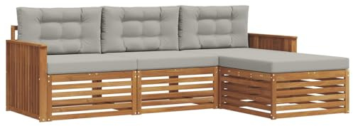 vidaXL Outdoor-Sofagarnitur mit Kissen 4 pcs Natürlich und Hellgrau, Gartenlounge-Set, modernes Ecksofa für draußen, langlebige Möbel für Bequeme Terrassenplätze