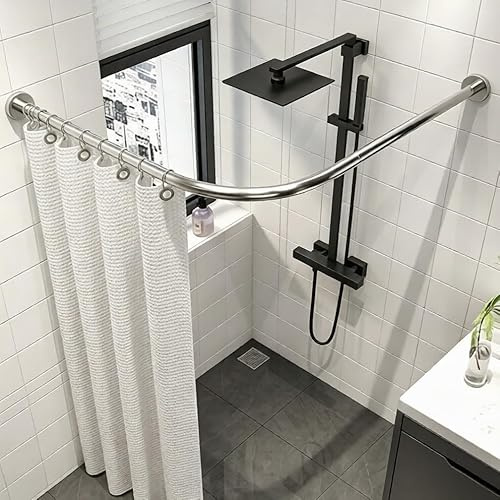 KnnMoiti Shower Curtain Rail L-Shaped Adjustable Wall-Mounted, Silver | Shower Curtain Pole 68-98cm / 68-98 cm for Bathroom, Curved Shower Rail