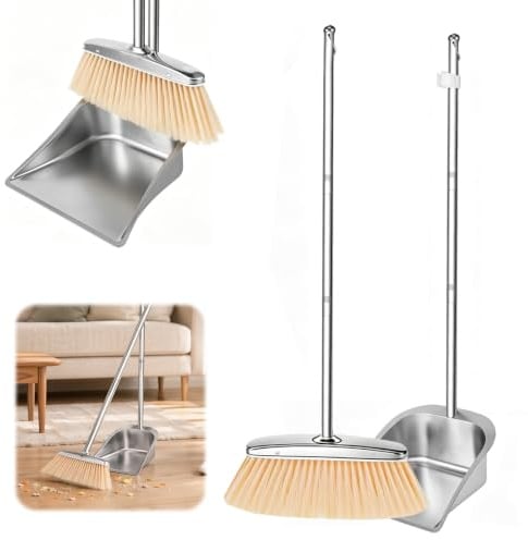 Juego de escoba y recogedor con mango largo (118 cm), pala y escoba de acero inoxidable, ajustable y altamente eficiente para interior/exterior, oficina, porche