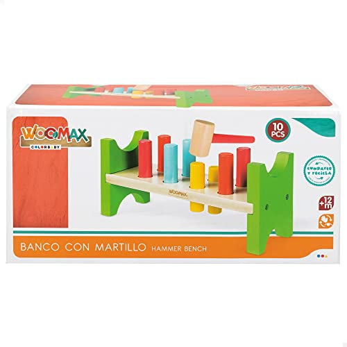 WOOMAX 40999 - Banco de Madera con Martillo para niños, Juguete para niños Desde 1 año, Incluye 10 Piezas y un Martillo
