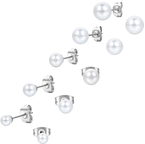 Aroncent Damen Perlen Ohrstecker Ohrringe: 5 Paare Frauen Edelstahl Imitation Perlen Gestüt Ohrstecker Ohrring Weiß Silber 4mm 5mm 6mm 7mm 8mm