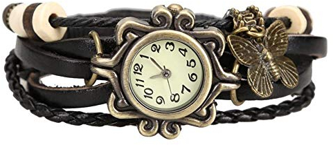 OUTLETISSIMO Vintage Steampunk Uhr mit Schmetterling und Charms und Lederarmband