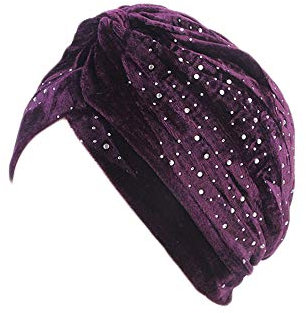 UK_Stone Damen Hijab Kopftuch Chemo Kopfbedeckung aus Samt Arabisch Turban mit Glitzer Dekor Unifarbe für Winter oder Herbst, Lila