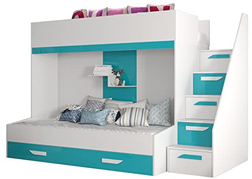 MEBLE KRYSPOL Party 16 Hochbett für Kinder, Jugendliche mit Stauraum - Etagenbett mit Schreibtisch, Kleiderschrank, Bücherregal und Trittleitern - 247x135x165 cm - Weiß, Türkis, Weiß + Türkis