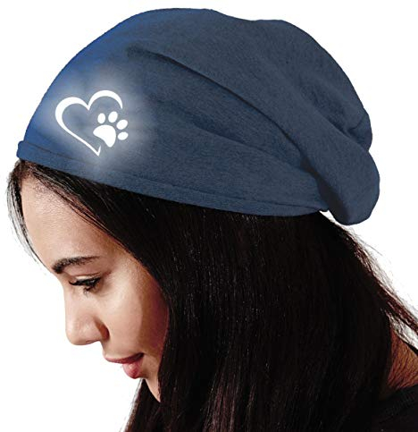 Beanie Baumwolle Damen reflektierend leichte Jersey Mütze mit Reflex Druck Hund Gassi Heather Royal Medium 27cm