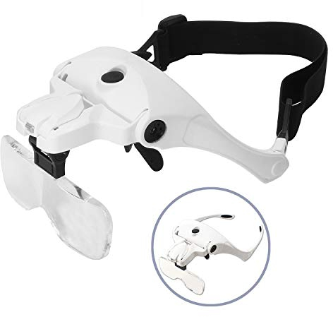 Bysameyee Lupen mit Licht für Enge Arbeit, Wiederaufladbares Beleuchtetes Kopfmontiertes Lupenvisier mit 2 Juwelierlupen-LEDs und austauschbarem Stirnband zum Lesen, Schmuckarbeiten, Uhrenreparatur