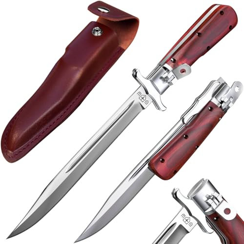 Grand Way Couteau pliant avec manche en bois et fourreau en cuir - Couteau de poche tranchant pour collectionneurs - Idéal pour la chasse, le camping, la randonnée - Cadeau pour papa et mari - 12 kg