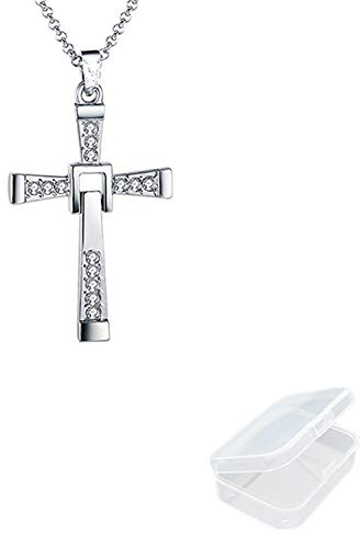 JinYu Halskette im Vin Diesel Style | Kreuz Strass Kette Anhänger Strass mit Box (Silber)