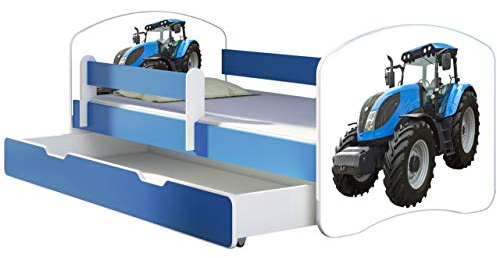 ACMA Kinderbett 160x80 cm Blau mit Bettkasten, Matratze & Lattenrost – Jugendbett mit Rausfallschutz, personalisiertes Motiv 42 Traktor, Kinderzimmer, belastbar bis 120 kg