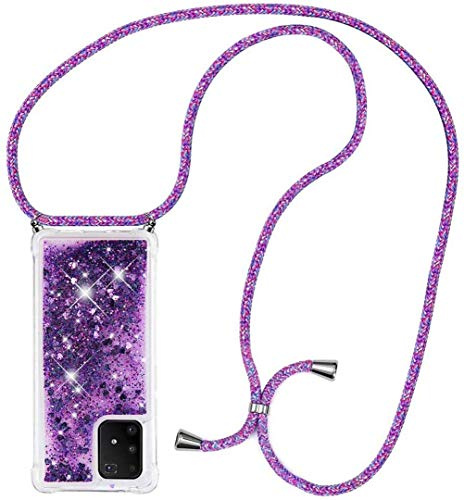 HongMan Handykette Hülle kompatibel mit Samsung Galaxy A21S Hülle mit Band zum Umhängen, Glitter Handyhülle Flüssig Treibsand, Handyhülle Stoßfest Silikon Transparent Hülle mit Kette,lila