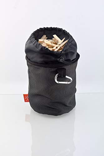 JATA HOGAR HPLA5211 - Bolsa de Pinzas Impermeable. Para Uso en Interiores y Exteriores. Para 100 / 150 Pinzas. Con Mosquetón para Colgar. Cierre de Cordón. Negro. Pequeña