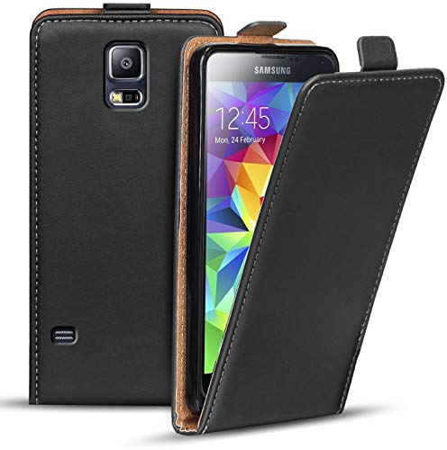 Verco Flip Cover für Samsung Galaxy S5 Case, Flipstyle Schutzhülle für Samsung S5 Hülle Kunstleder Tasche vertikal klappbare Handyhülle, Schwarz
