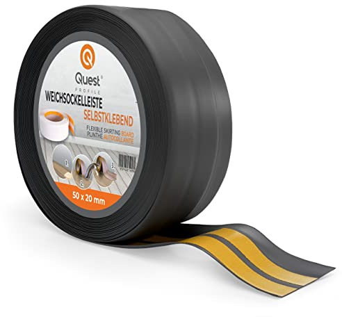 Quest Battiscopa Morbido Adesivo - 50 mm x 20 mm - Listello in PVC, Finitura Flessibile, Profilo Angolare per Cucina, Bagno, Parete, Pavimento - Decorativo (Grigio scuro, 10m)