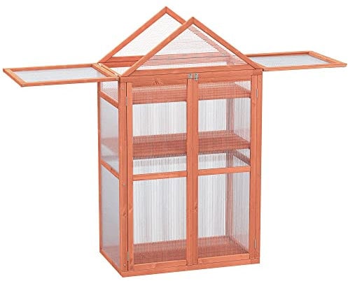 Outsunny Garden Cold Frame Polycarbonate Greenhouse with Adjustable Shelves, Double Doors, Openable Top Covers, Grow House for Flower Vegetable Plants, 80 x 47 x 138cm, Orange
