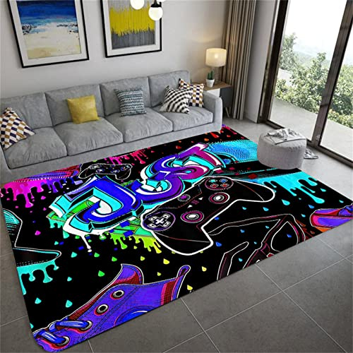 Schwarz Lila Grau Videospiel 3D Modern Kinderzimmerteppich Teppich Wohnzimmer Teppich Großer Junge Teenager Gamer Spielzimmer Teppich Hip-Hop-Graffiti Fußmatte Rug Mat (Schwarz Lila,160 x 200 cm)