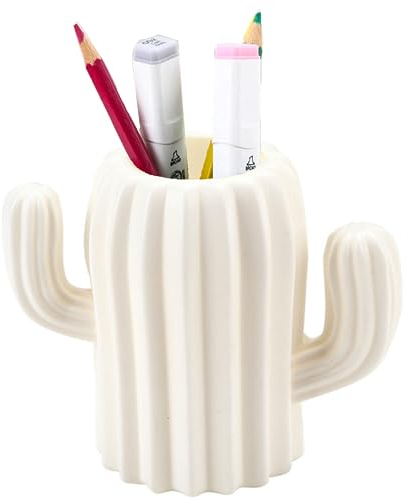 XFLYP Cactus Shape Pen Holder, Cute Stationery Desk Organiser, Makeup Brush Holder, Creative Funny Cactus Shape Desk Pen Holder Stand, Office Supplies, Vanity Table (White)