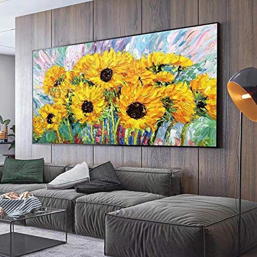 Xxxl Leinwand Kunst Ölgemälde Abstrakte Sonnenblume Auf Leinwand Wandkunst Öl Gelbe Blume Leinwand Gemälde Dekoration 70x160cm(28x63in) Mit Rahmen