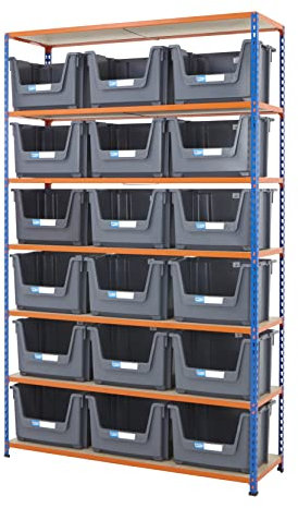 BiGDUG Stacking Storage Bins Shelving Kit - 12x 50L Grey Plastic Pick Bins - 244h x 122w x 45.5d cm Blue & Orange Shelving Unit - Up to 200kg UDL Per Shelf - Open Front for Easy Picking