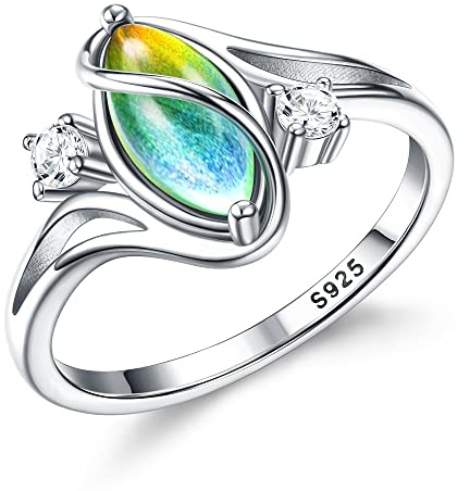 ADRAMATA 925 Sterling Silver Rings for Women Mood Ring Color Change Cubic Zirconia Accents Ring 18K Gold Plated Oval Solitaire Statement Silver Rings Jewelry