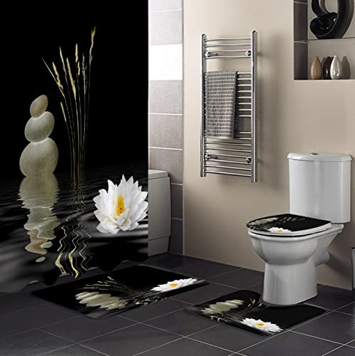 ISILA Zen Pierre Blanc Lotus Noir Rideau de Douche imperméable à l’Eau Rideau de Toilette Couvercle de Toilette Tapis Non dérapant Ensemble Baignoire décoration