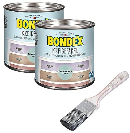 Bondex 2er-Set Kreidefarbe 0,5 L Behagliches Grün mit Flachpinsel | Möbelfarbe für den Innenbereich | Leichte Verarbeitung für kreative DIY-Priojekte | Vintage-Look | Shabby-Chic
