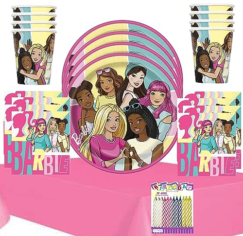 Barbie Party Supplies Pack Serves 16: Barbie Themed 9 Plates Luncheon Napkins Cups and Table Cover - Includes Birthday Candles (Bundle for 16)