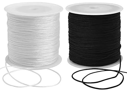 LOMIMOS 2pcs Cordon d'Artisanat Fil,1MM*100M Fil Rouleau de Cordon Elastique Blanc et Noire,Cordon de Cirée Coton Fil Tressé pour Bricolage Artisanat Bracelet Collier et des Cheveux