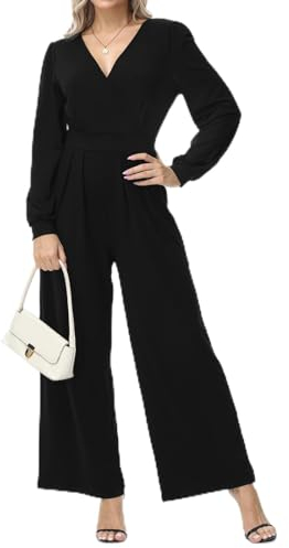 Tanmolo Damen Lang Jumpsuit Langarm V-Ausschnitt Overall Elegant Hosenanzug Weites Bein Romper Mit Taschen Schwarz, M