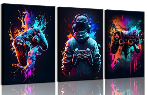 3Pcs Cool Gaming Wall Art Retro Video Game watercolor Posters Pictures Colorful Neon Gamepad Canvas Painting Prints for Boys Room Kids Game Room Accessories Bedroom Home Decoration Framed (Colorful,