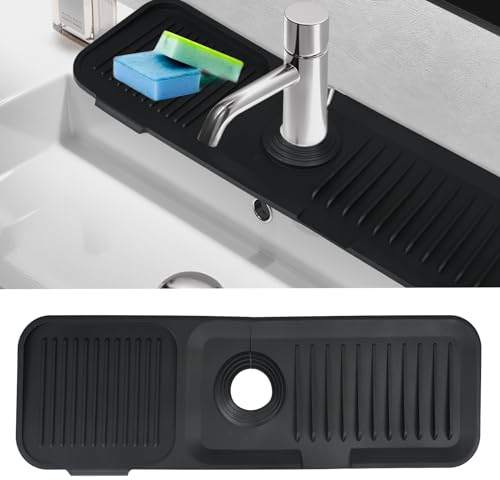 Silicone Sink Faucet Mat, Kitchen Sink Splash Guard, Silicone Draining Mat Around Tap for Sink, Flexible Kitchen Sink Guard Faucet Handle Drip Catcher Tray for Bathroom Countertop Caravan (Black)