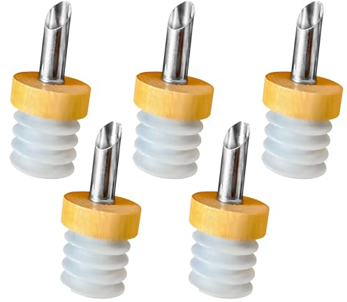Layba Versatore per bottiglie in legno e acciaio inox, beccuccio in sughero per aceto, olio e alcolici. Dosatore robusto per versatore di vino, aceto e olio, porzionatore per bottiglie x5 set