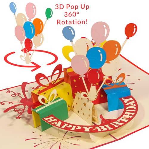 LINPOPUP 3D Pop-Up Grußkarten Geburtstag, XXL Geburtstagskarte mit drehenden Luftballons, Geschenk für Mann, Frau, Kinder, Freund und Kollegen, Geldgeschenk, Gutscheinkarte, N188