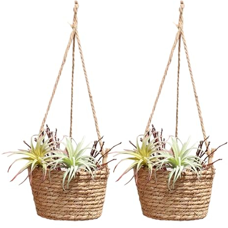 Liuyoyo 2 Stück Hängekörbe für Pflanzen, 19,9 cm, Rattan-Blumenkorbhalter, Aufhänger, Becken, Epipremnum Aureum, Topf, Hanfseil, Wand, Stroh, Dekorativer Übertopf(A)