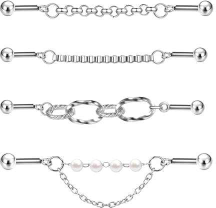 ZS 4 Stück 14G Ketten Industrial Barbell Ohrring, 316L Chirurgenstahl Ketten Knorpel Helix Ohrstecker, Industrial Bar Piercing Schmuck für Frauen Männer (Mix-Stil A, 14G(1,6mm))