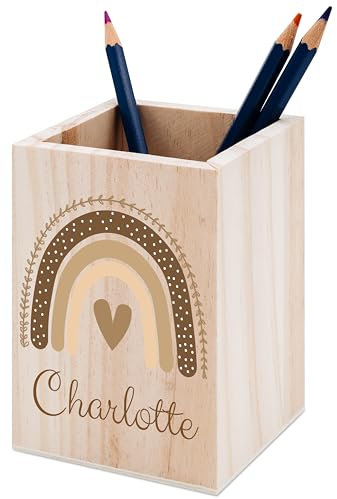 wunderwunsch® - Personalisierter Stiftehalter Kinder aus Holz - Kreativer und praktischer Schreibtisch-Organizer Kinder mit Namen - Perfektes Einschulung Geschenk und Geburtstag (Regenbogen beige)