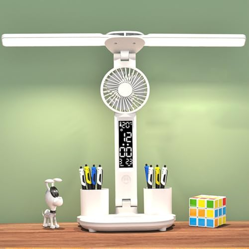 Starnearby Doppelkopf LED Schreibtischlampe mit Ventilator, Dimmbare Tischlampe Kabellos mit Uhr|Stifthalter|LCD|Kalender|Temperatur, 3 Helligkeit Augenschutz Bürolampe für Büro, Lesen, Kinder