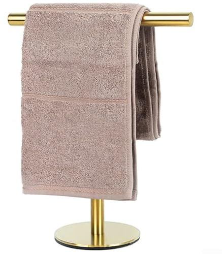 Porte-serviettes, porte-serviettes en forme de T sur pied, porte-serviettes de salle de bain, support à bijoux de comptoir (couleur dorée)