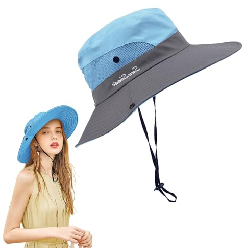 FUIPVGI Sombrero de Sol al Aire Libre Gorro de ala Ancha de Malla Sombreros, Sombrero de Cola Caballo Plegable Gorro de Pescador, Sombrero de Playa Protección UV, Trekking Senderismo Safari (Azul)