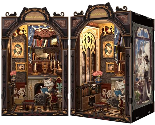 Cutefun Kit de Bricolage pour Coin de Livre avec Housse Anti-poussière, Maison de Poupée Miniature, Serre-livres, Modèle de Bibliothèque avec Meubles et Lumière LED
