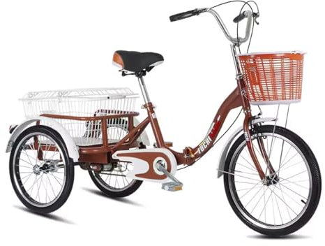 20-Zoll-Lastenfahrrad, verstellbares Dreirad-Cruiser-Fahrrad for Erwachsene, Dreirad-Lastenfahrrad mit Korb und 200-kg-Kappe for Männer, Frauen, Senioren, for Einkaufen und Radfahren(Brown,No backrest