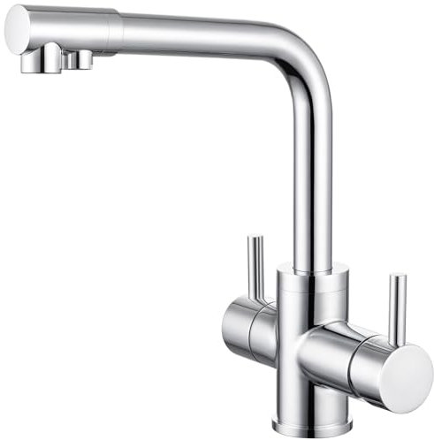 Aktines Robinet de cuisine 3 voies Double Levier Robinet d'évier Cuisine avec Eau Potable pour Systèmes Filtre d'Osmose en Acier inoxydable, brossé