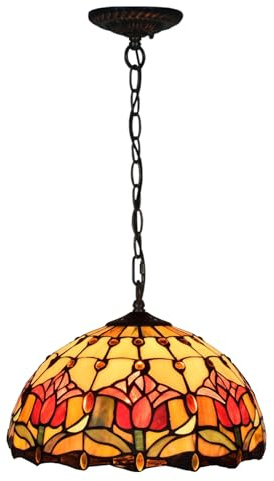 AIBOTY Tulip Lampe Tiffany Stil Hängende Pendelleuchte 12 Zoll breit Buntglas Lampenschirm Kronleuchter Küche Insel Foyer Schlafzimmer Wohnzimmer Esszimmer Beleuchtung Deckenleuchten,Rot