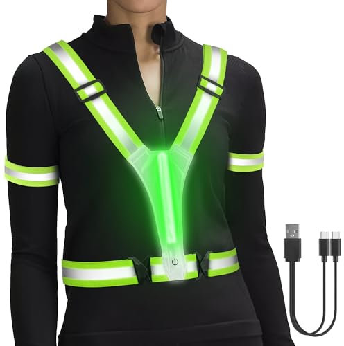 HENMI LED Wiederaufladbare USB Lauflicht,2er Reflektorbänder,Reflektoren Laufweste,Verstellbarer Elastische LED Leuchtweste für Radfahren oder Wandern Joggen Laufen Running-Grün