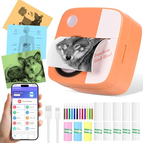 Comius Sharp Mini Drucker für Smartphone, Bluetooth Thermodrucker, Smartphone Drucker, Handy Drucker mit Etikettendruckpapier, Farbigem Papier, Stiften,Tragbarer Taschendrucker für Android, iOS (G)