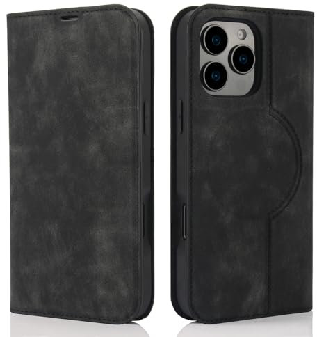 QLTYPRI Wallet Case for iPhone 16 Pro 6.3 inch Compatible with Magsafe Charger, Magnetic Flip Folio PU Leather Phone Case with RFID Blocking Card Holder Slots Kickstand Shockproof Cover - Black