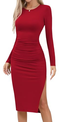 Missufe Damen Langarm Midikleid Strickkleid Bodycon Freizeitkleid mit Schlitz Enges Bleistiftkleid Figurbetontes Gerafftes Kleider