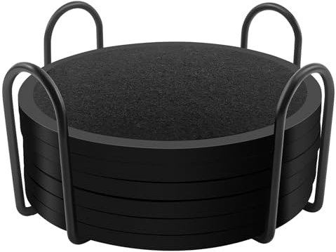 ESUOHYM Juego de 6 posavasos con 12 fieltros absorbentes para bebidas, portavasos de silicona redonda de goma suave con borde para bebidas calientes o frías, café, color negro
