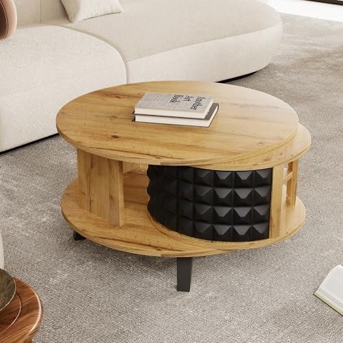 HAINEW Couchtisch Drehbar Wohnzimmertisch mit Versteckter Interner Ablage, Runden Beistelltisch Kaffeetisch Sofatisch für Wohnzimmer Schlafzimmer, 85,2×80×45,2cm, Natur