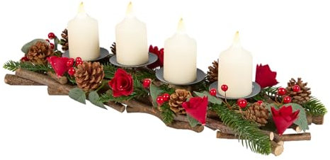 Christmas Table Centrepiece Candle Holder Wooden Branch Tea Light Holder Dining Décor with Red Roses, Artificial Foliage and Berries (Pillar Candle Holder)